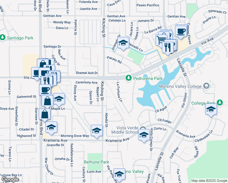 map of restaurants, bars, coffee shops, grocery stores, and more near 25563 Ranchita Circle in Moreno Valley