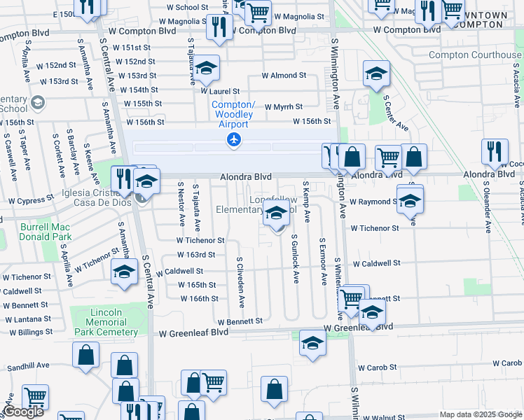 map of restaurants, bars, coffee shops, grocery stores, and more near 1024 West Reeve Street in Compton