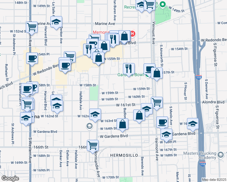 map of restaurants, bars, coffee shops, grocery stores, and more near 1245 West 159th Street in Gardena