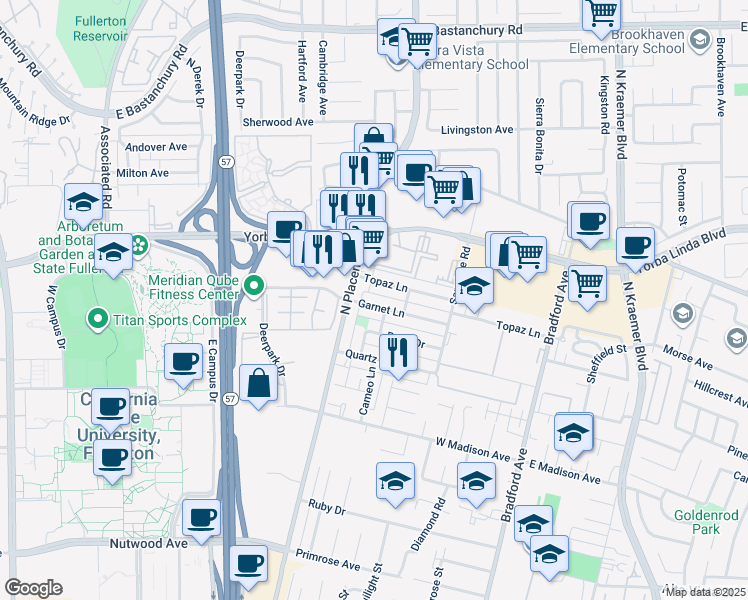 map of restaurants, bars, coffee shops, grocery stores, and more near 3025 Garnet Lane in Fullerton