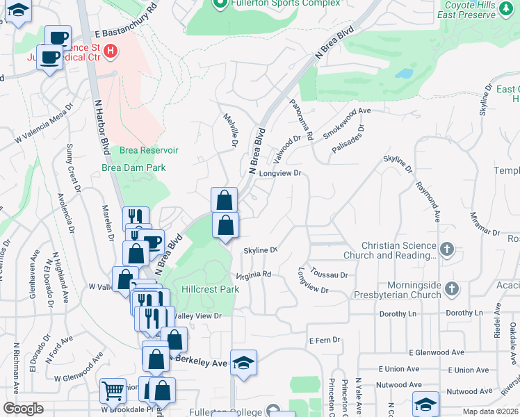 map of restaurants, bars, coffee shops, grocery stores, and more near 1674 Shady Brook Drive in Fullerton