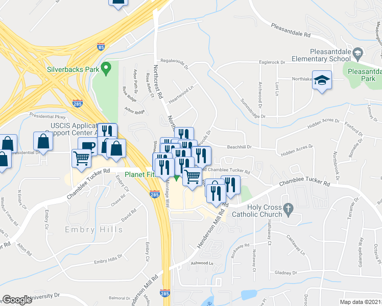 map of restaurants, bars, coffee shops, grocery stores, and more near 3295 Regalwoods Drive in Doraville