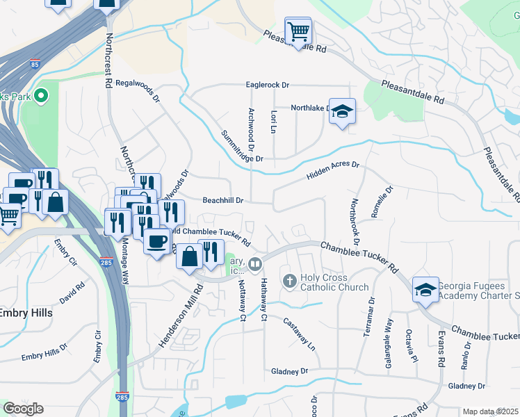 map of restaurants, bars, coffee shops, grocery stores, and more near 3583 Beachhill Drive in Atlanta