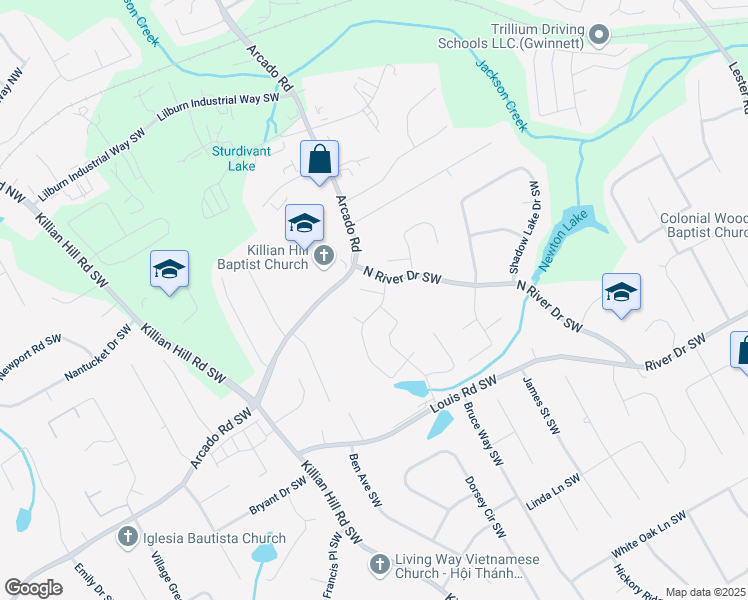 map of restaurants, bars, coffee shops, grocery stores, and more near 4210 Iron Fountain Court in Lilburn