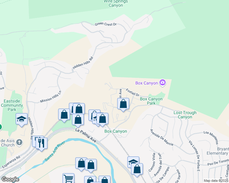 map of restaurants, bars, coffee shops, grocery stores, and more near 5035 Twilight Canyon Road in Yorba Linda