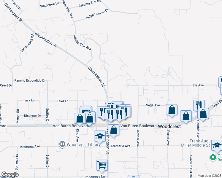 map of restaurants, bars, coffee shops, grocery stores, and more near 16030 Washington Street in Riverside