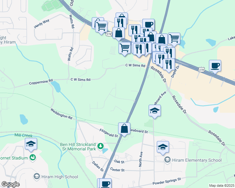 map of restaurants, bars, coffee shops, grocery stores, and more near 28 Hiram Park Court in Hiram