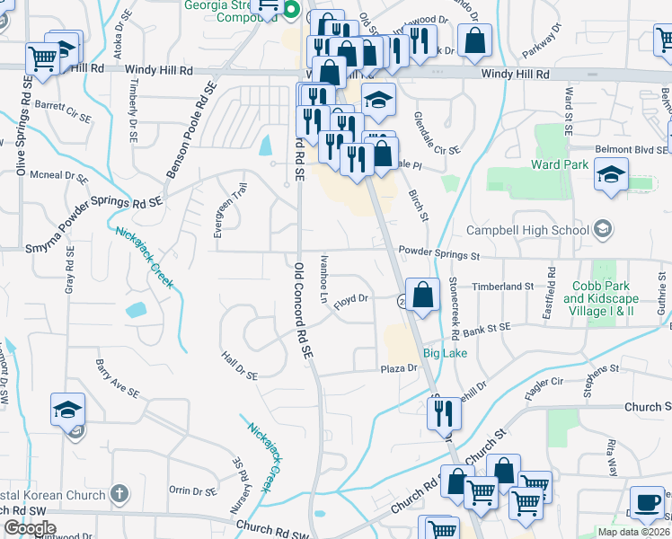map of restaurants, bars, coffee shops, grocery stores, and more near 2711 Sherwood Road Southeast in Smyrna