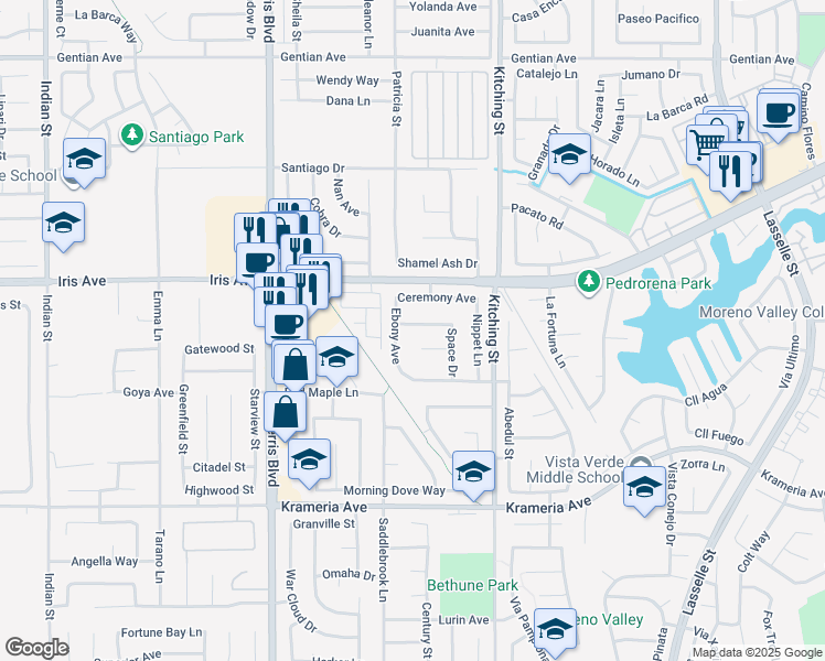 map of restaurants, bars, coffee shops, grocery stores, and more near 25344 Orbit Court in Moreno Valley