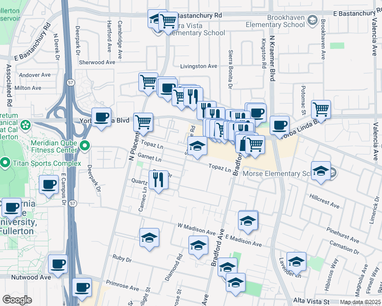 map of restaurants, bars, coffee shops, grocery stores, and more near 3219 Topaz Lane in Fullerton