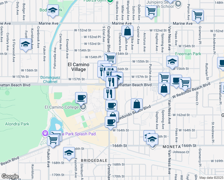map of restaurants, bars, coffee shops, grocery stores, and more near 15900 Crenshaw Boulevard in Gardena