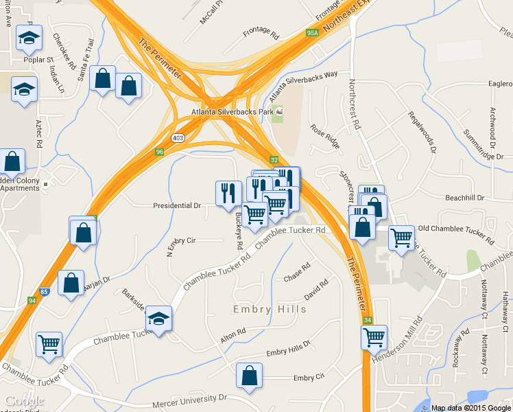 map of restaurants, bars, coffee shops, grocery stores, and more near 3321 Presidential Drive in Atlanta