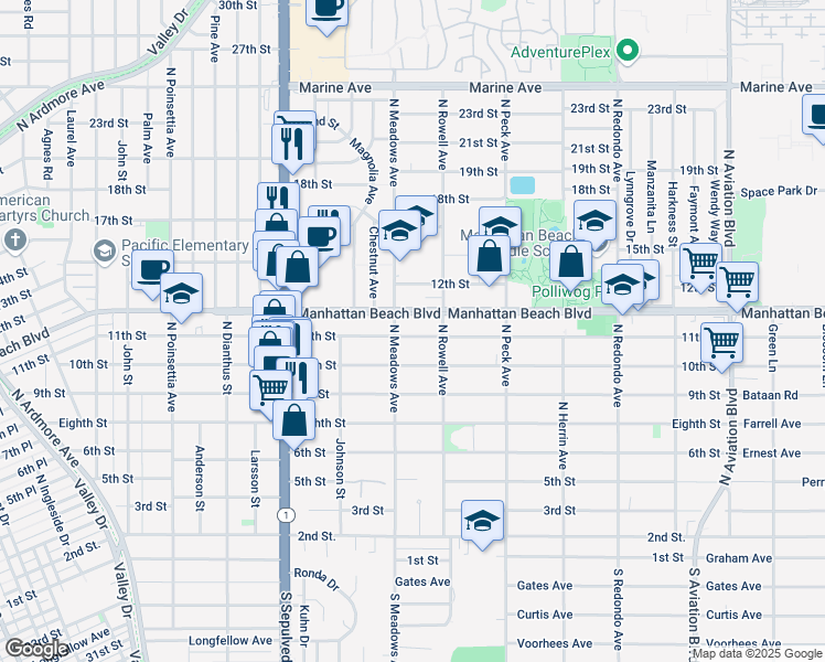 map of restaurants, bars, coffee shops, grocery stores, and more near 1315 11th Street in Manhattan Beach