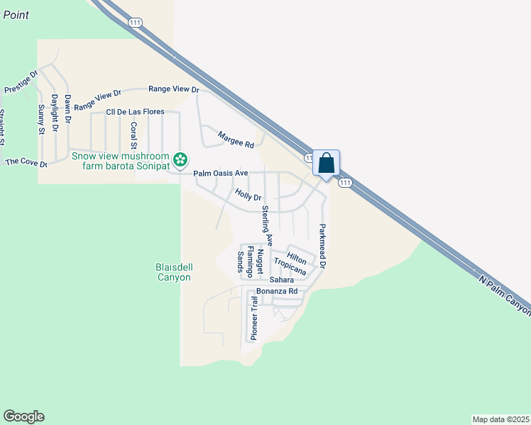 map of restaurants, bars, coffee shops, grocery stores, and more near Overture Drive in Palm Springs