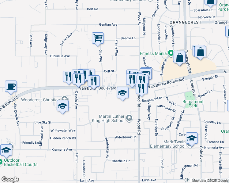 map of restaurants, bars, coffee shops, grocery stores, and more near 18805 Van Buren Boulevard in Riverside