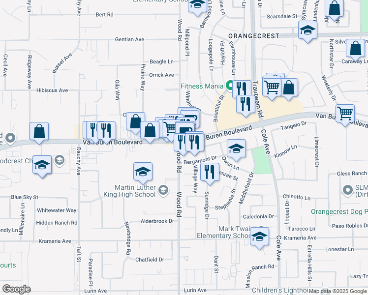 map of restaurants, bars, coffee shops, grocery stores, and more near 16045 Wood Rd in Riverside