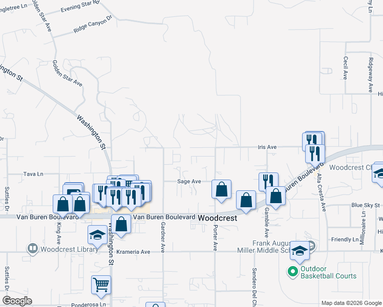 map of restaurants, bars, coffee shops, grocery stores, and more near 16065 Porter Avenue in Riverside