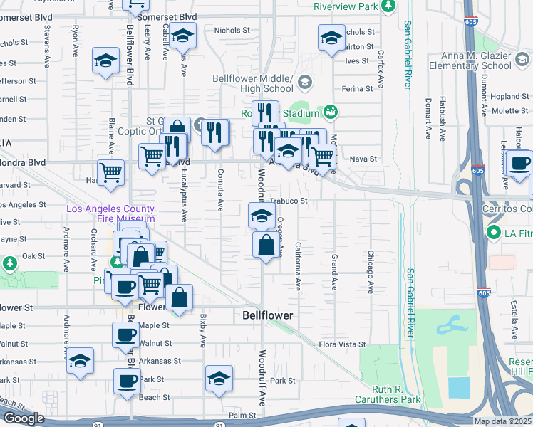 map of restaurants, bars, coffee shops, grocery stores, and more near 16224 Woodruff Avenue in Bellflower