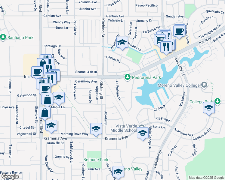 map of restaurants, bars, coffee shops, grocery stores, and more near 25563 Ranchita Circle in Moreno Valley