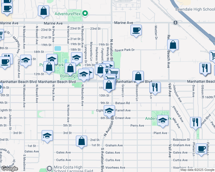 map of restaurants, bars, coffee shops, grocery stores, and more near 1845 11th Street in Manhattan Beach