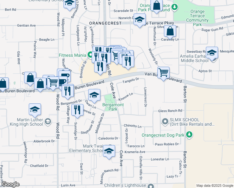 map of restaurants, bars, coffee shops, grocery stores, and more near 9081 Mandarin Lane in Riverside