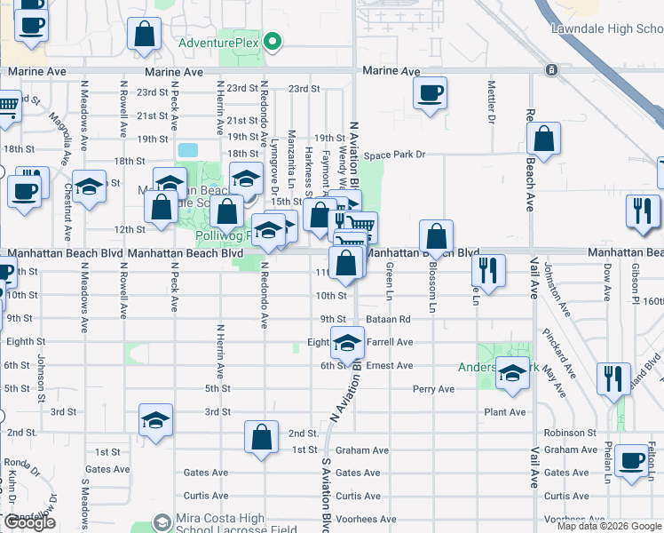map of restaurants, bars, coffee shops, grocery stores, and more near 1825 11th Street in Manhattan Beach