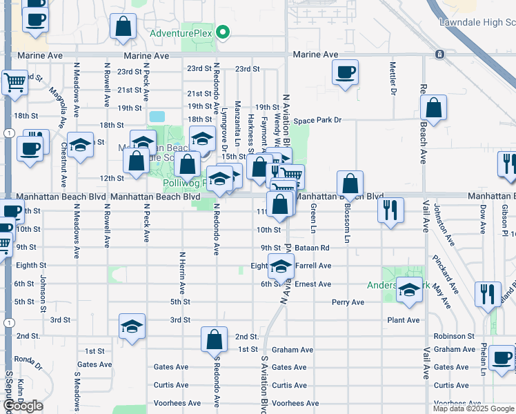 map of restaurants, bars, coffee shops, grocery stores, and more near 1822 11th Street in Manhattan Beach