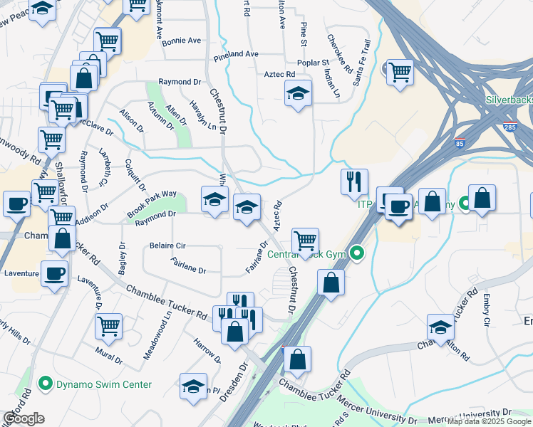 map of restaurants, bars, coffee shops, grocery stores, and more near 3346 Chestnut Drive in Doraville