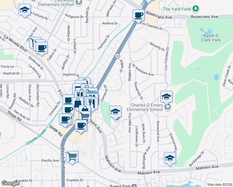 map of restaurants, bars, coffee shops, grocery stores, and more near 8236 Henderson Green in Buena Park