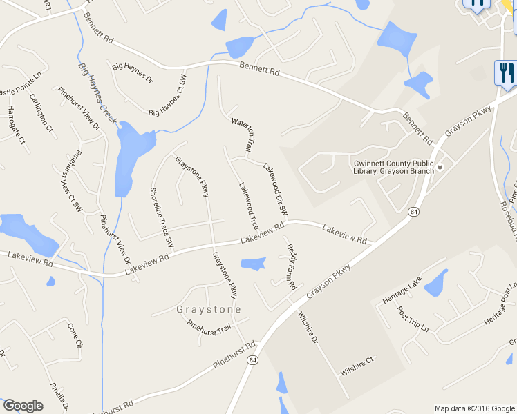 map of restaurants, bars, coffee shops, grocery stores, and more near 2030 Lakewood Trce in Grayson