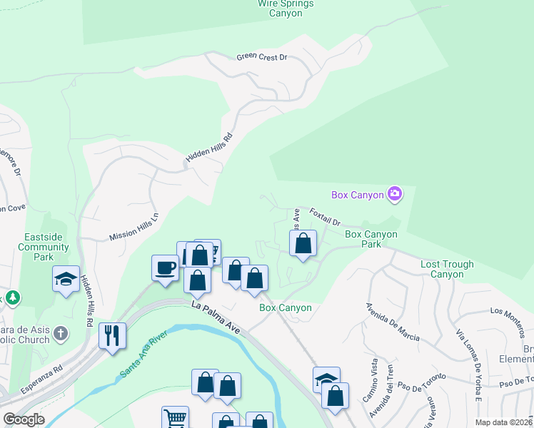 map of restaurants, bars, coffee shops, grocery stores, and more near 5065 Twilight Canyon Road in Yorba Linda
