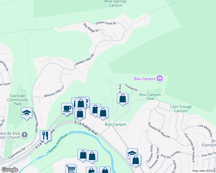 map of restaurants, bars, coffee shops, grocery stores, and more near 5055 Twilight Canyon Road in Yorba Linda