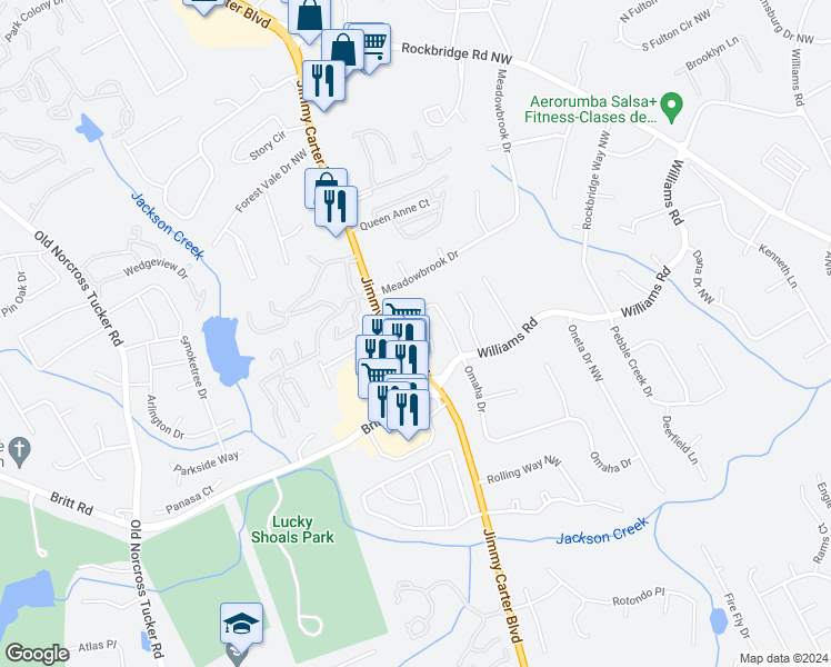 map of restaurants, bars, coffee shops, grocery stores, and more near 6141 Brookechase Lane in Norcross