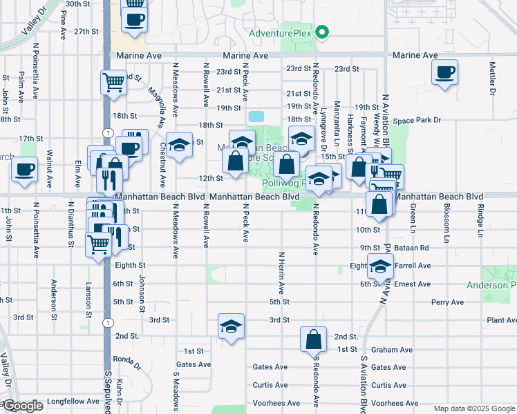 map of restaurants, bars, coffee shops, grocery stores, and more near 1521 11th Street in Manhattan Beach