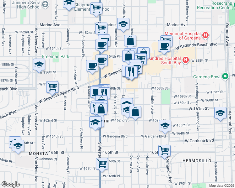 map of restaurants, bars, coffee shops, grocery stores, and more near 15820 Harvard Boulevard in Gardena