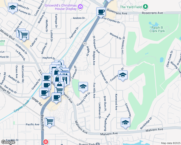 map of restaurants, bars, coffee shops, grocery stores, and more near 8249 Haseltine Green in Buena Park