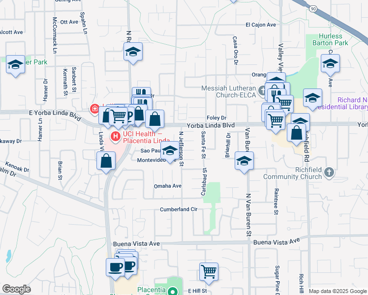map of restaurants, bars, coffee shops, grocery stores, and more near 17001 La Kenice Way in Yorba Linda