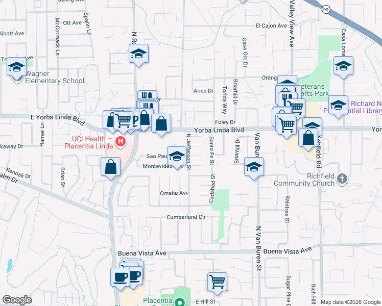 map of restaurants, bars, coffee shops, grocery stores, and more near 17001 La Kenice Way in Yorba Linda