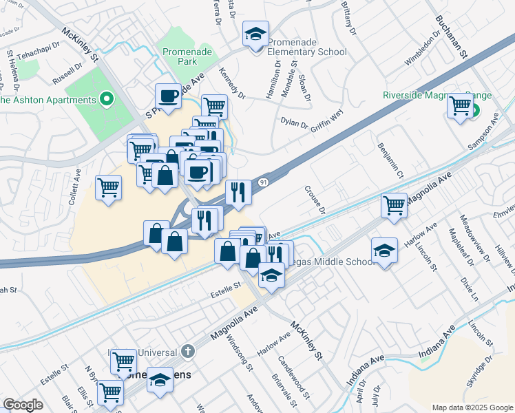 map of restaurants, bars, coffee shops, grocery stores, and more near 2375 Anselmo Drive in Corona