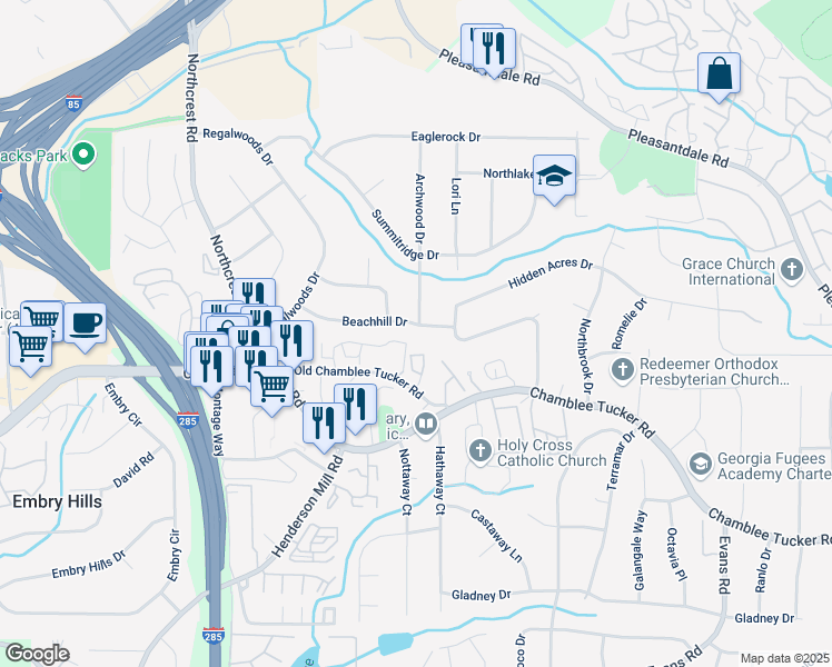 map of restaurants, bars, coffee shops, grocery stores, and more near 3567 Beachhill Drive in Doraville