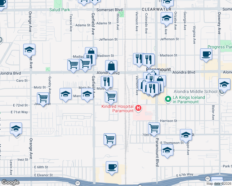 map of restaurants, bars, coffee shops, grocery stores, and more near 16229 Illinois Avenue in Paramount