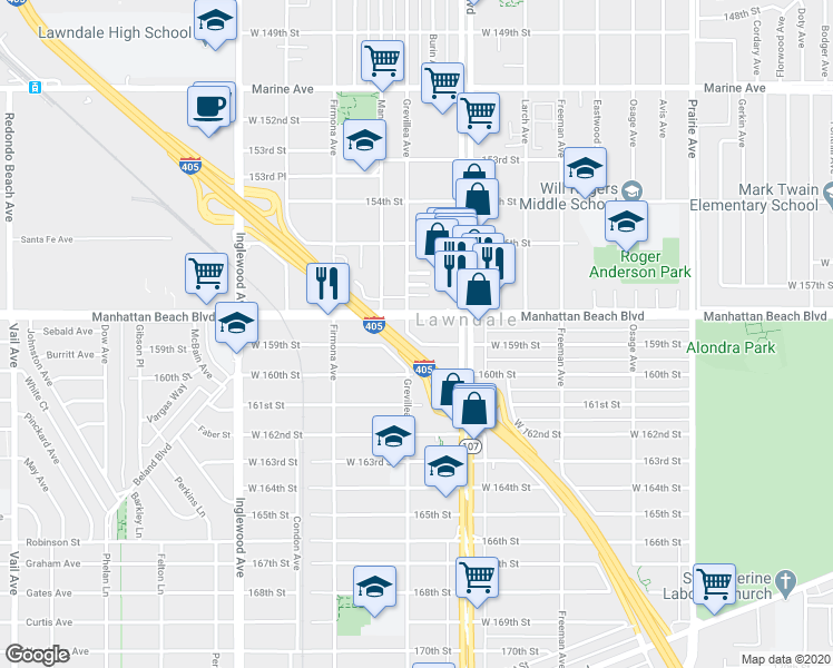 map of restaurants, bars, coffee shops, grocery stores, and more near 4445 West 159th Street in Lawndale