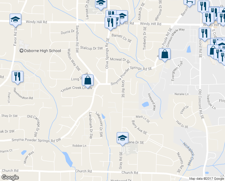 map of restaurants, bars, coffee shops, grocery stores, and more near 29 Overbrook Drive in Smyrna