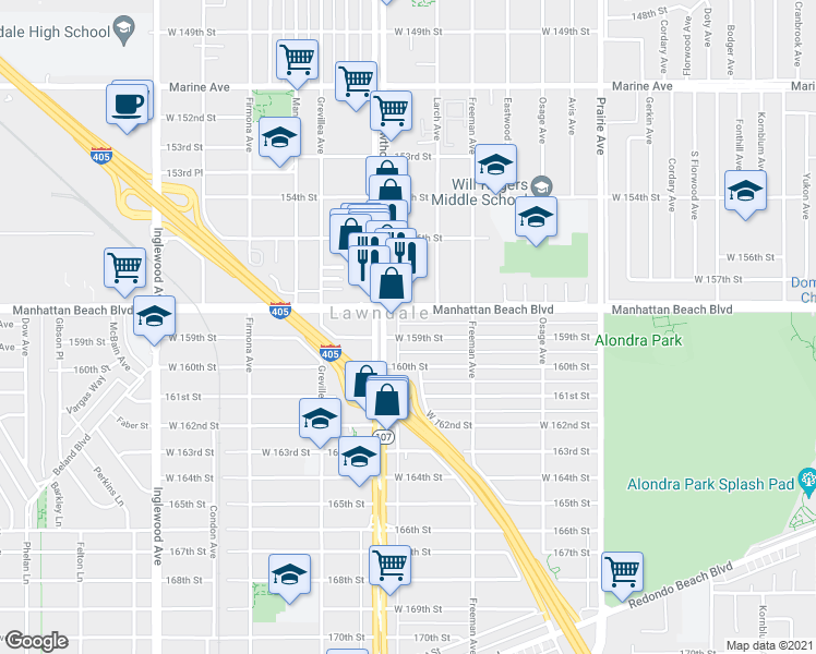 map of restaurants, bars, coffee shops, grocery stores, and more near 4335 West 159th Street in Lawndale