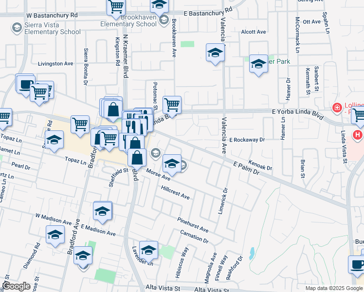 map of restaurants, bars, coffee shops, grocery stores, and more near 421 Larry Lane in Placentia