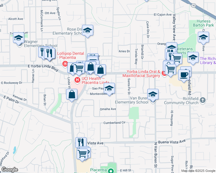 map of restaurants, bars, coffee shops, grocery stores, and more near 1331 Sao Paulo Avenue in Placentia