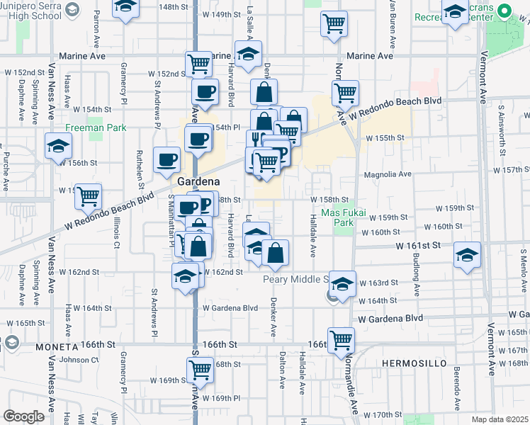 map of restaurants, bars, coffee shops, grocery stores, and more near 15825 Denker Avenue in Gardena
