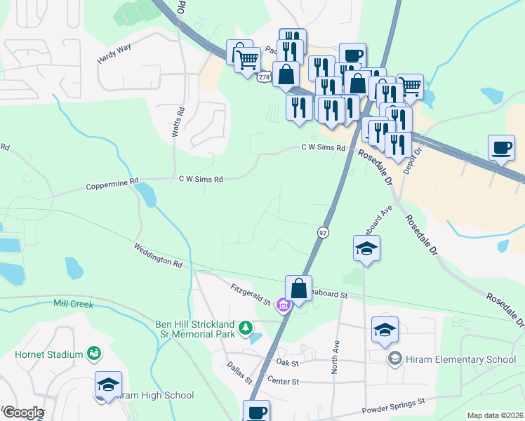 map of restaurants, bars, coffee shops, grocery stores, and more near 189 Hiram Park Drive in Hiram