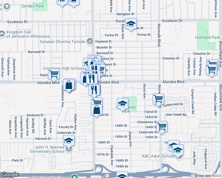 map of restaurants, bars, coffee shops, grocery stores, and more near 11872 Hermosura Street in Norwalk
