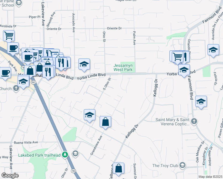 map of restaurants, bars, coffee shops, grocery stores, and more near 19024 Sundown Lane in Yorba Linda